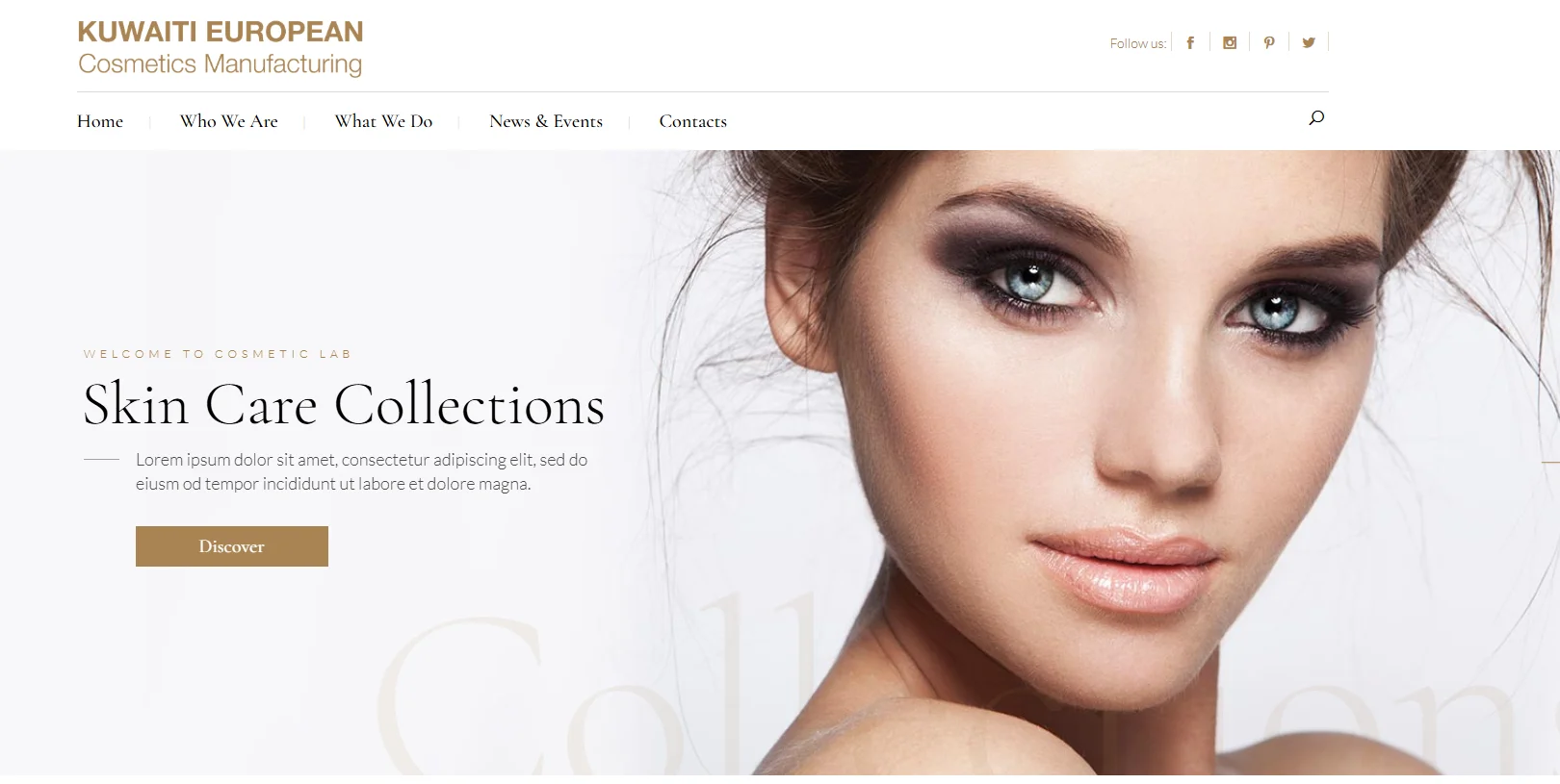 Website layout for Kuwaiti European Cosmetics Manufacturing featuring skincare collection description and navigation menu.